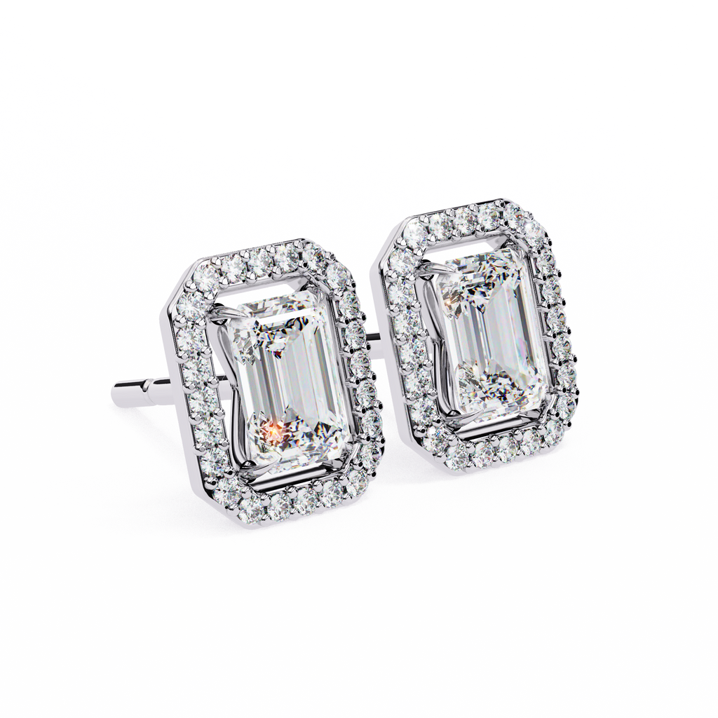 Emerald-Cut Halo Stud Earrings
