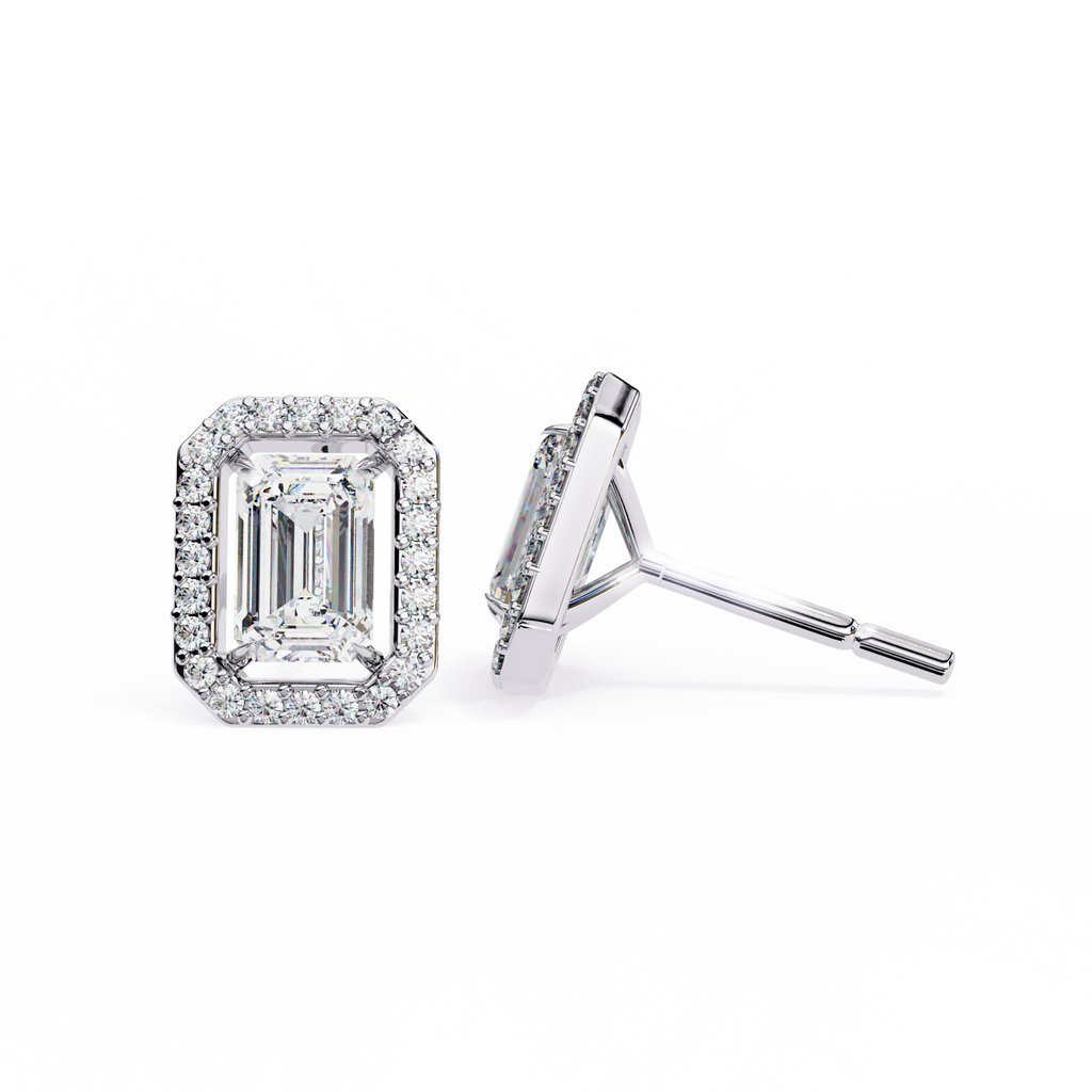 Emerald-Cut Halo Stud Earrings