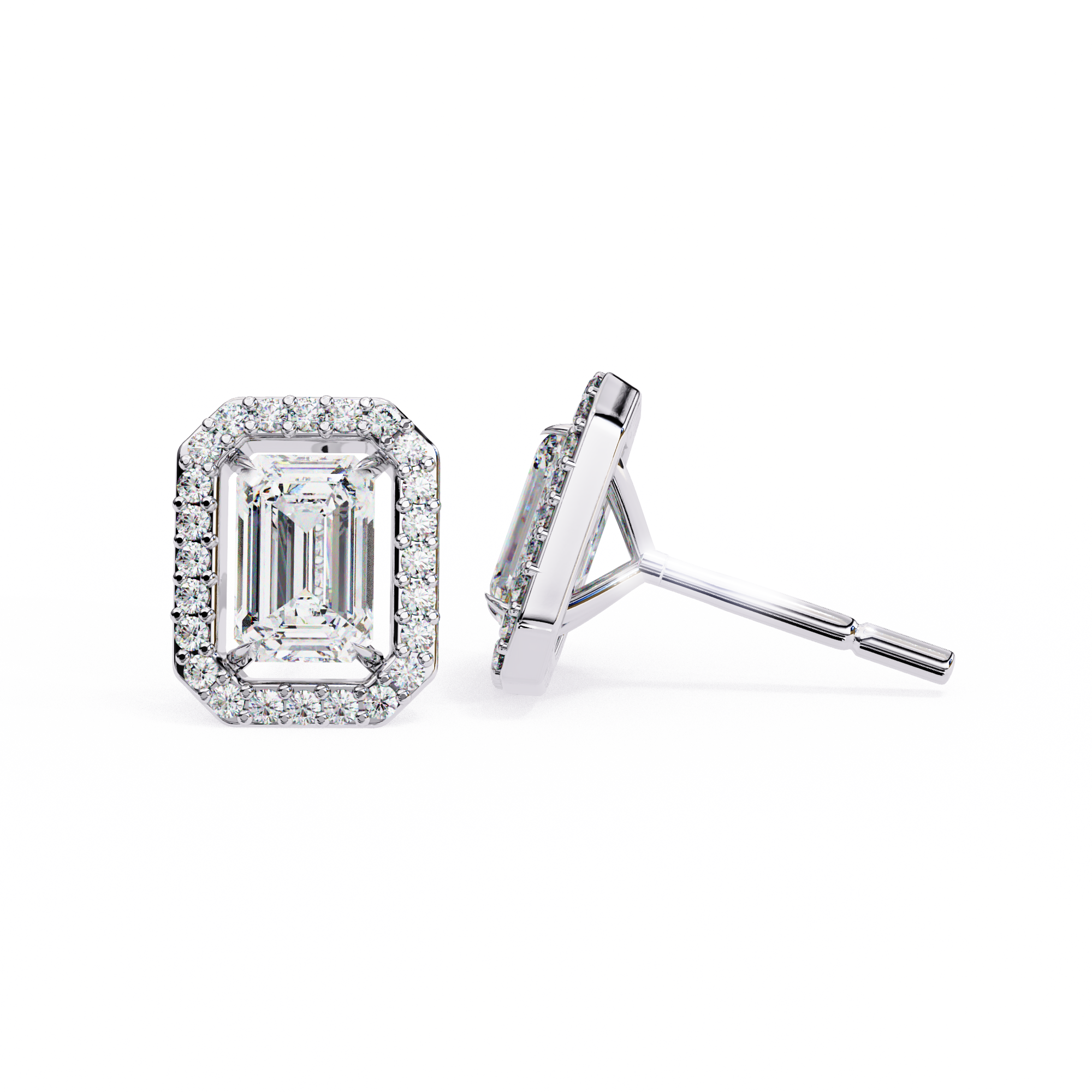 Emerald-Cut Halo Stud Earrings