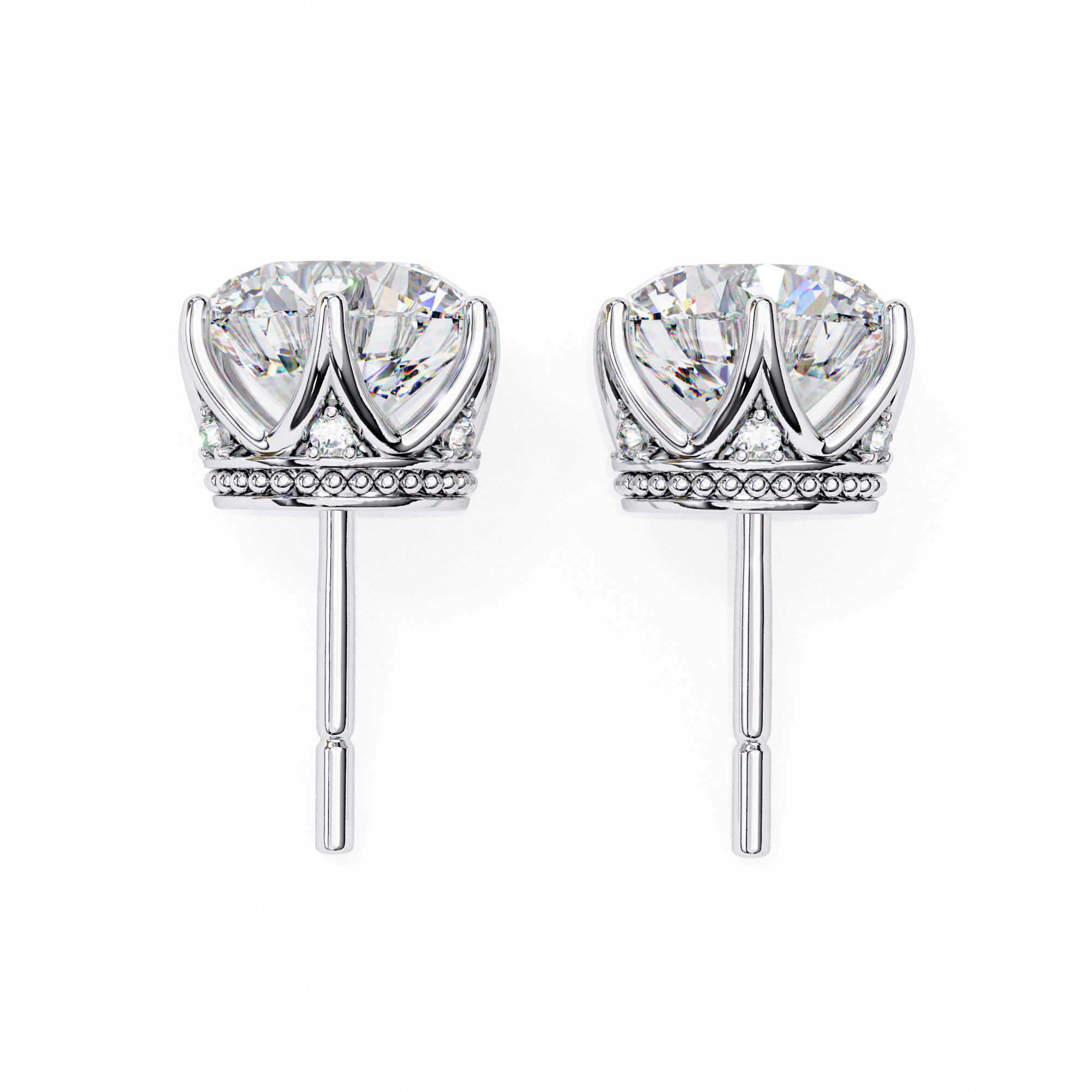 Round brilliant-cut earrings featuring six prongs.