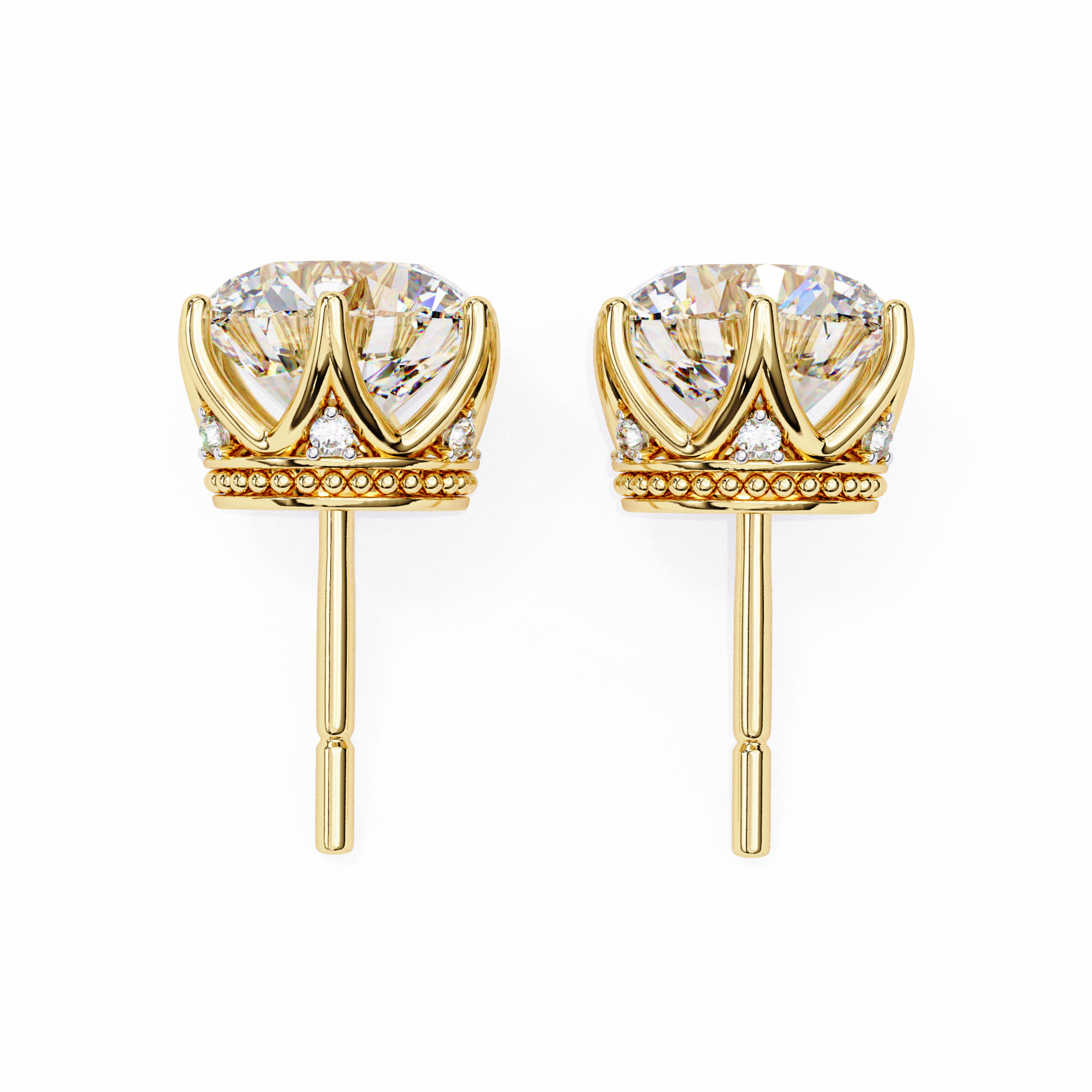 Round brilliant-cut earrings featuring six prongs.