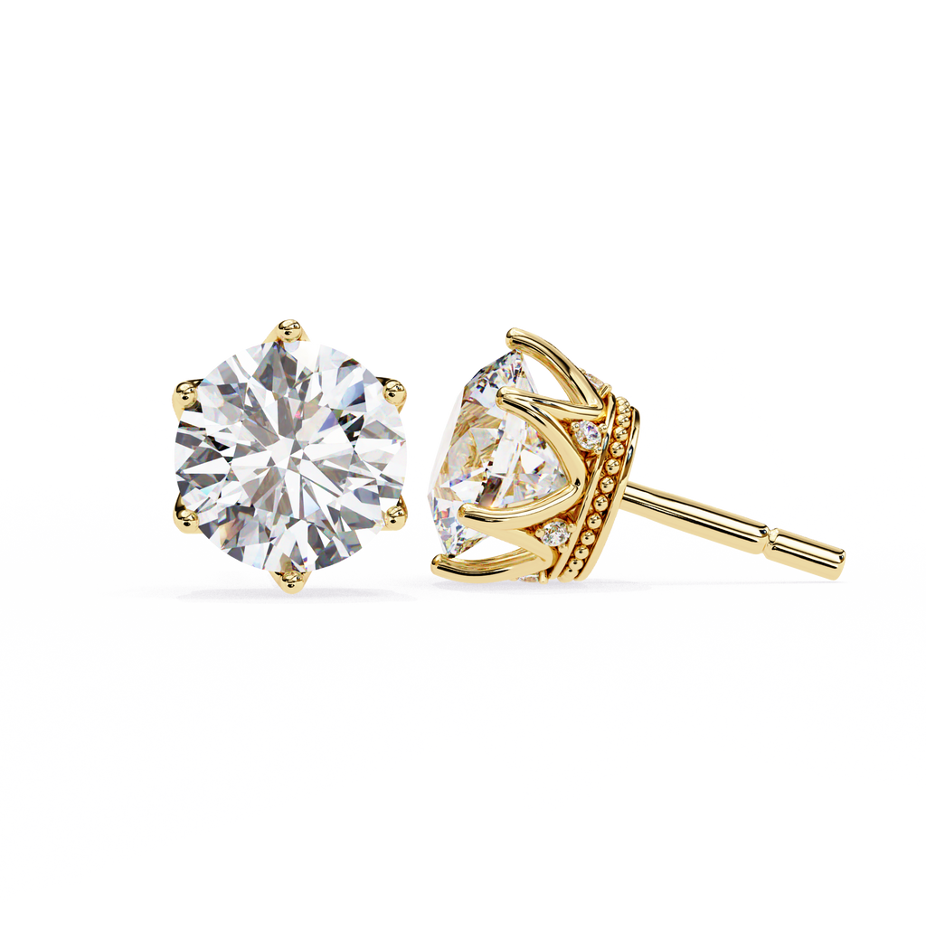 Round brilliant-cut earrings featuring six prongs.