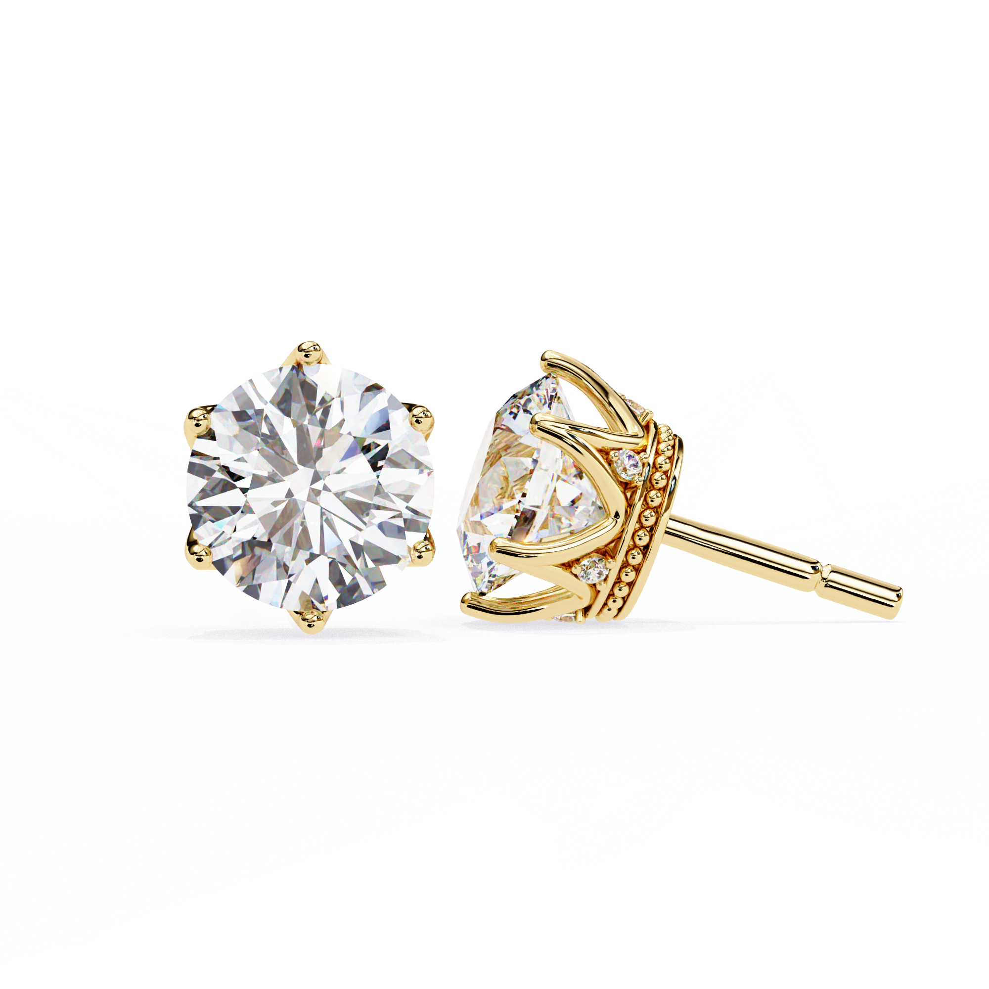 Round brilliant-cut earrings featuring six prongs.