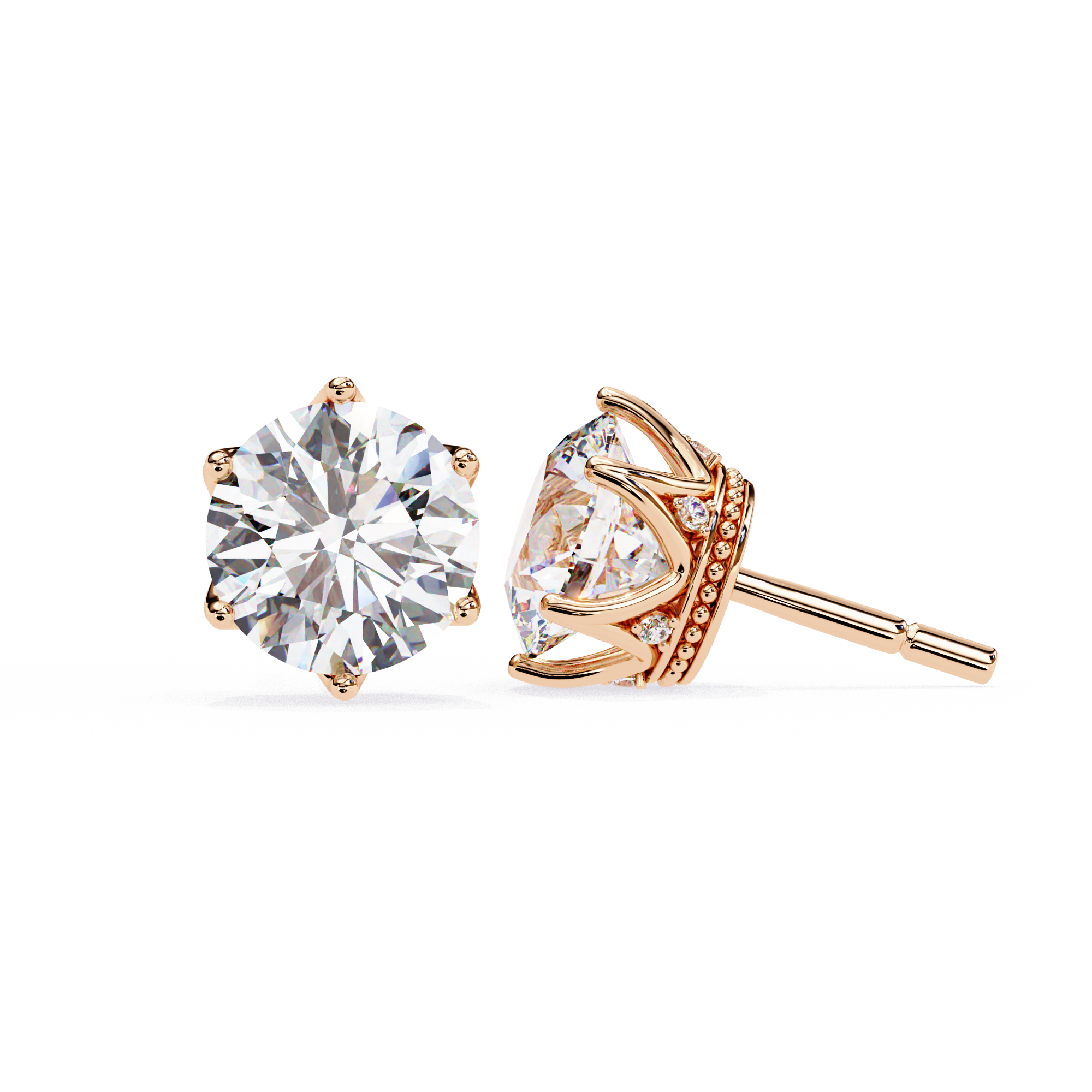 Round brilliant-cut earrings featuring six prongs.