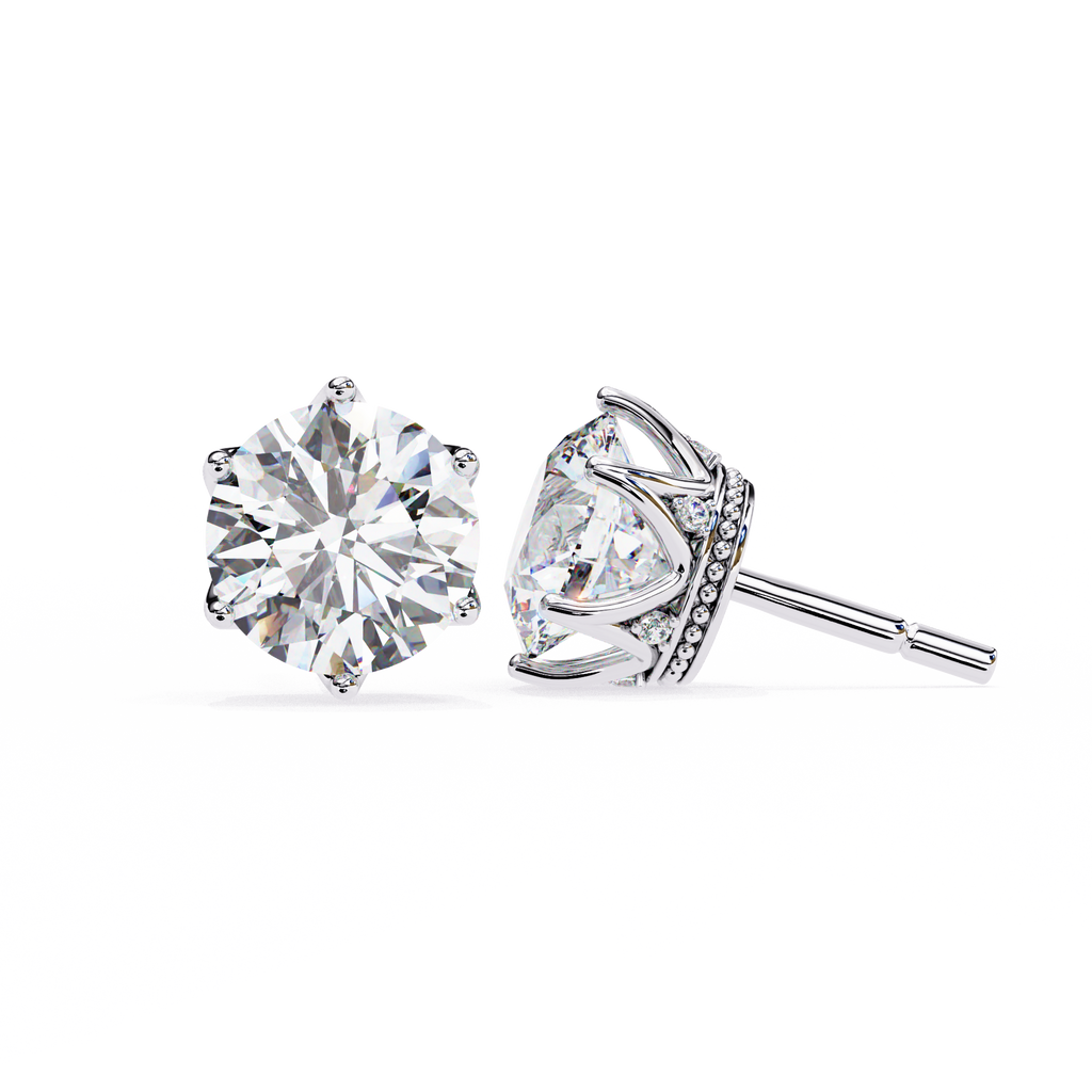 Round brilliant-cut earrings featuring six prongs.