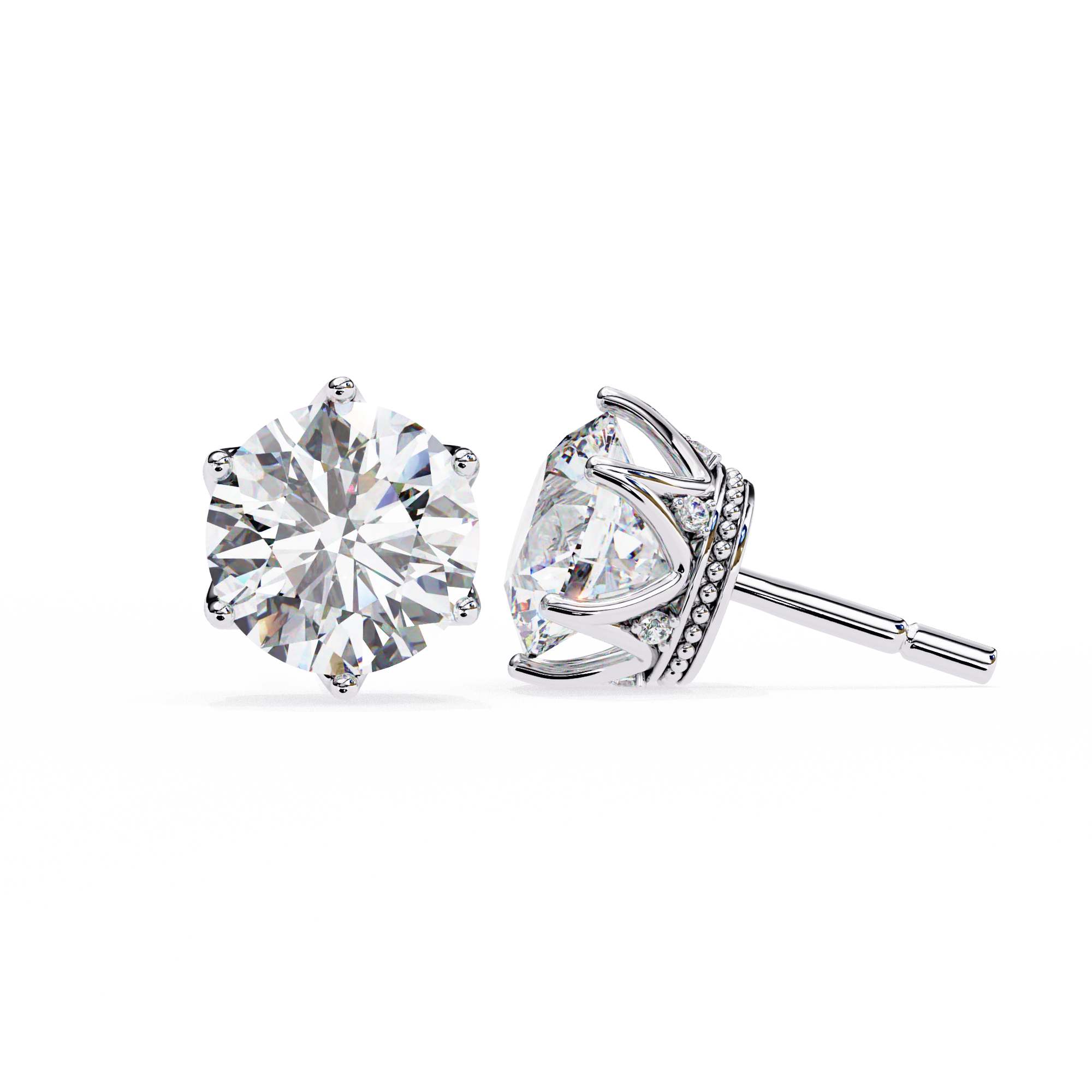 Round brilliant-cut earrings featuring six prongs.