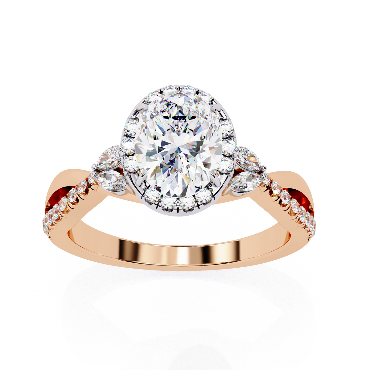 Oval Halo Diamond Ring with Twisted Pavé Band