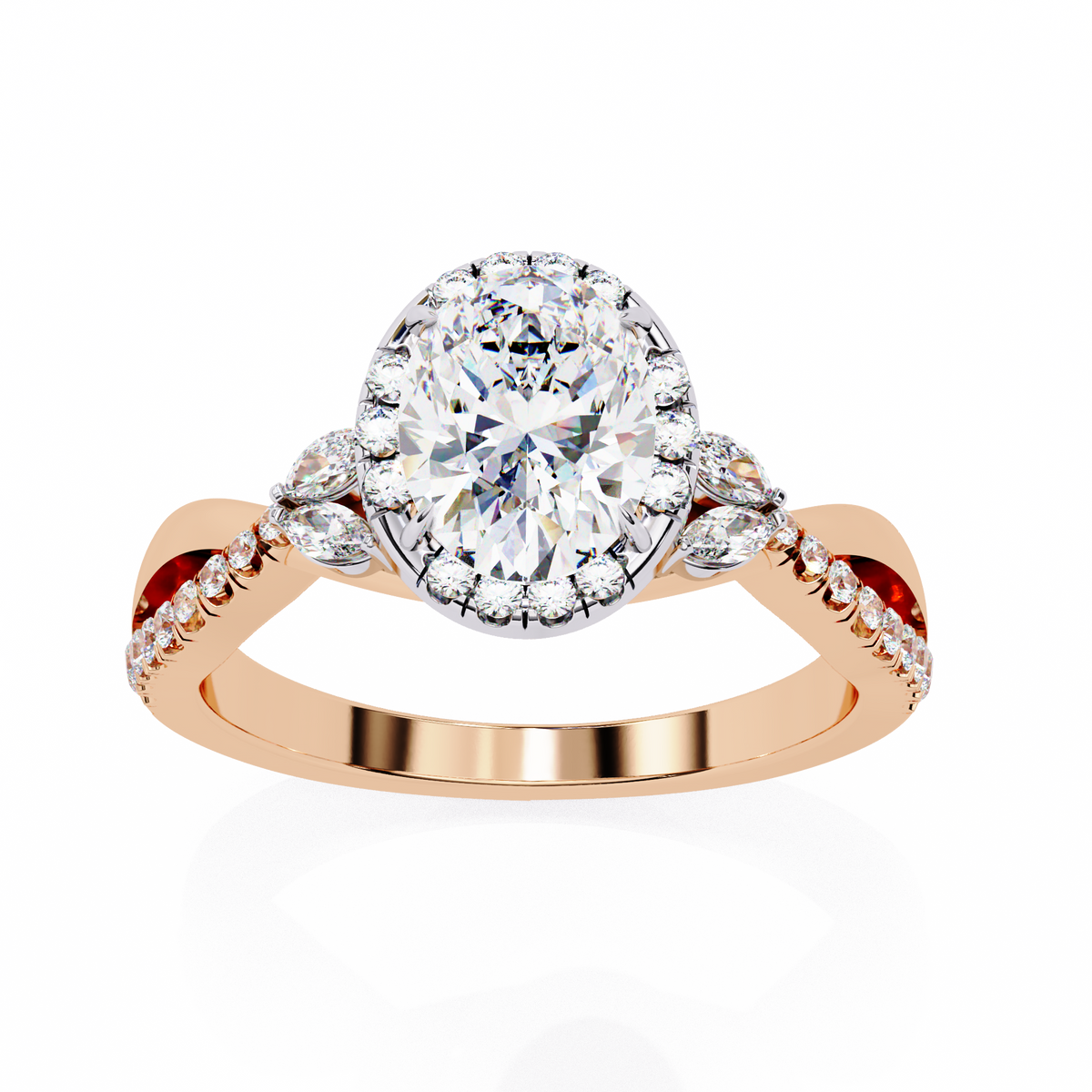 Oval Halo Diamond Ring with Twisted Pavé Band